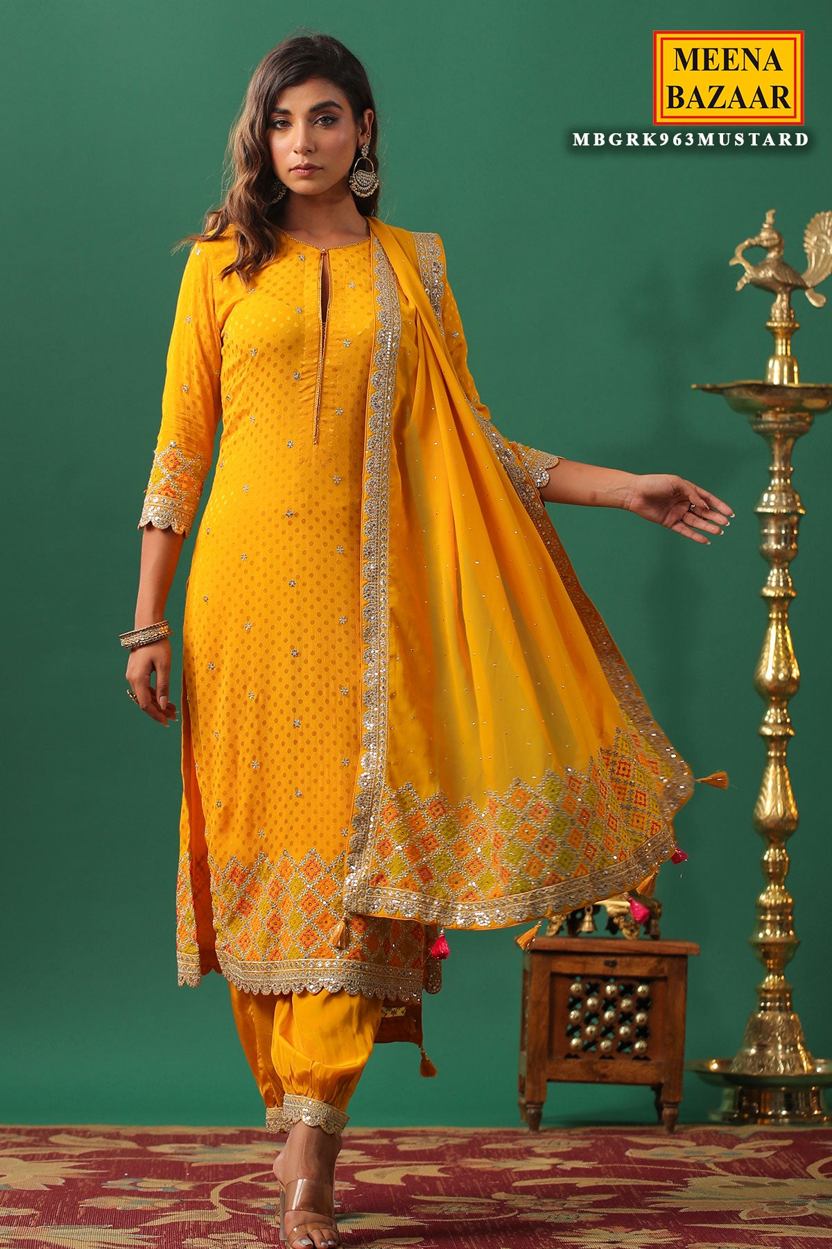 Mustard Jaquard Crepe Zari Thread and Sequins Embroidered Suit Set