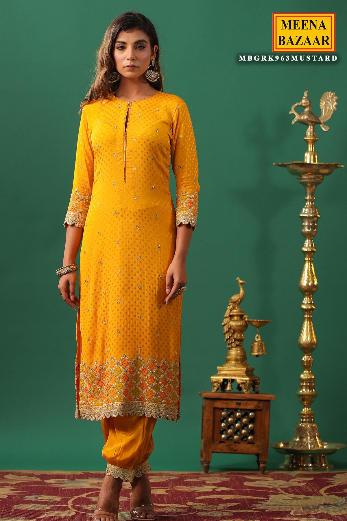 Mustard Jaquard Crepe Zari Thread and Sequins Embroidered Suit Set