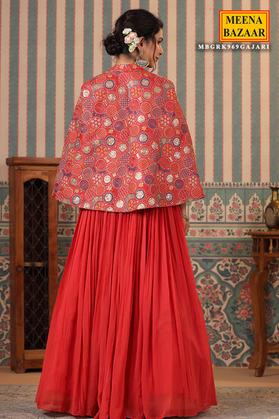 Gajari Georgette Zari Sequins and Threadwork Embroidered Jacket Bustier and Skirt Set