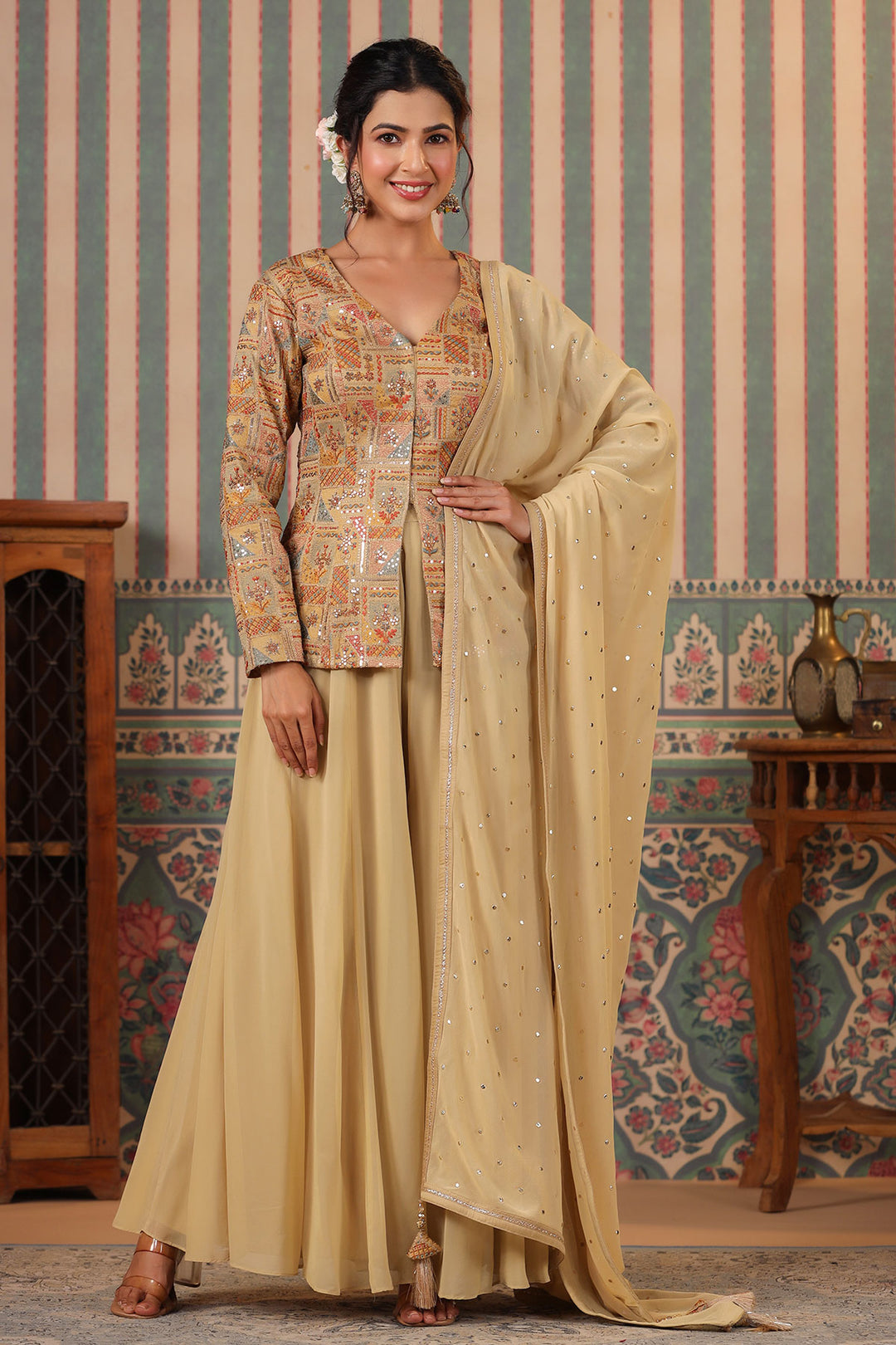 Tussar Silk Sequins Thread and Zari Embroidered Short Kurti with Georgette Sharara Suit