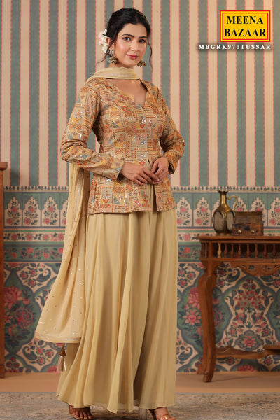 Tussar Silk Sequins Thread and Zari Embroidered Short Kurti with Georgette Sharara Suit