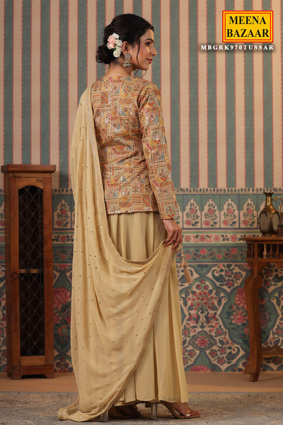 Tussar Silk Sequins Thread and Zari Embroidered Short Kurti with Georgette Sharara Suit