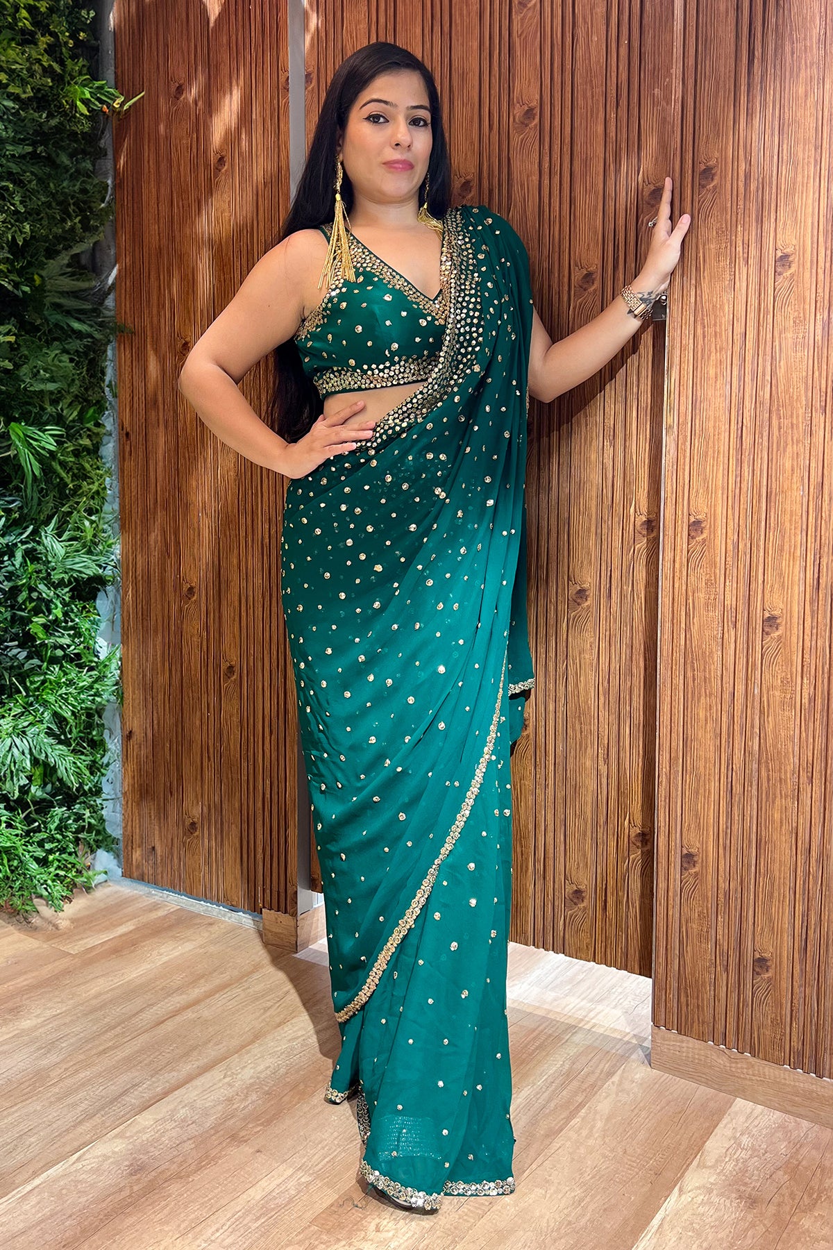 Bottle Green Georgette Saree with Zari and Sequins Embroidery