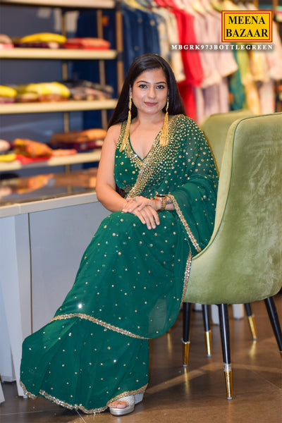 Bottle Green Georgette Saree with Zari and Sequins Embroidery