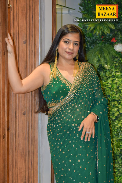 Bottle Green Georgette Saree with Zari and Sequins Embroidery