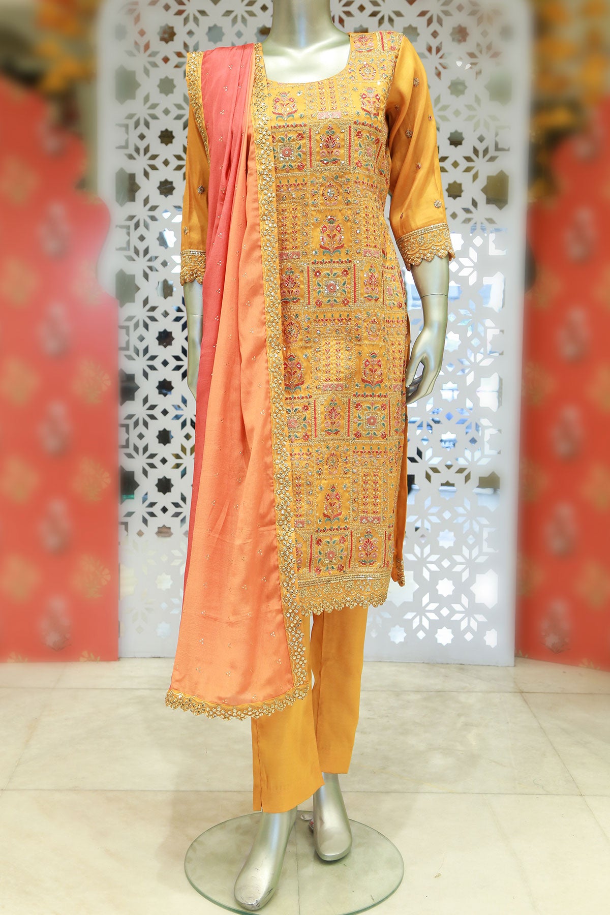 Mustard Tussar Silk Sequin Embroidered Suit