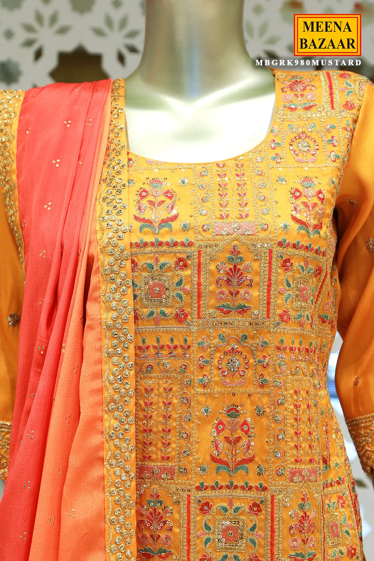 Mustard Tussar Silk Sequin Embroidered Suit