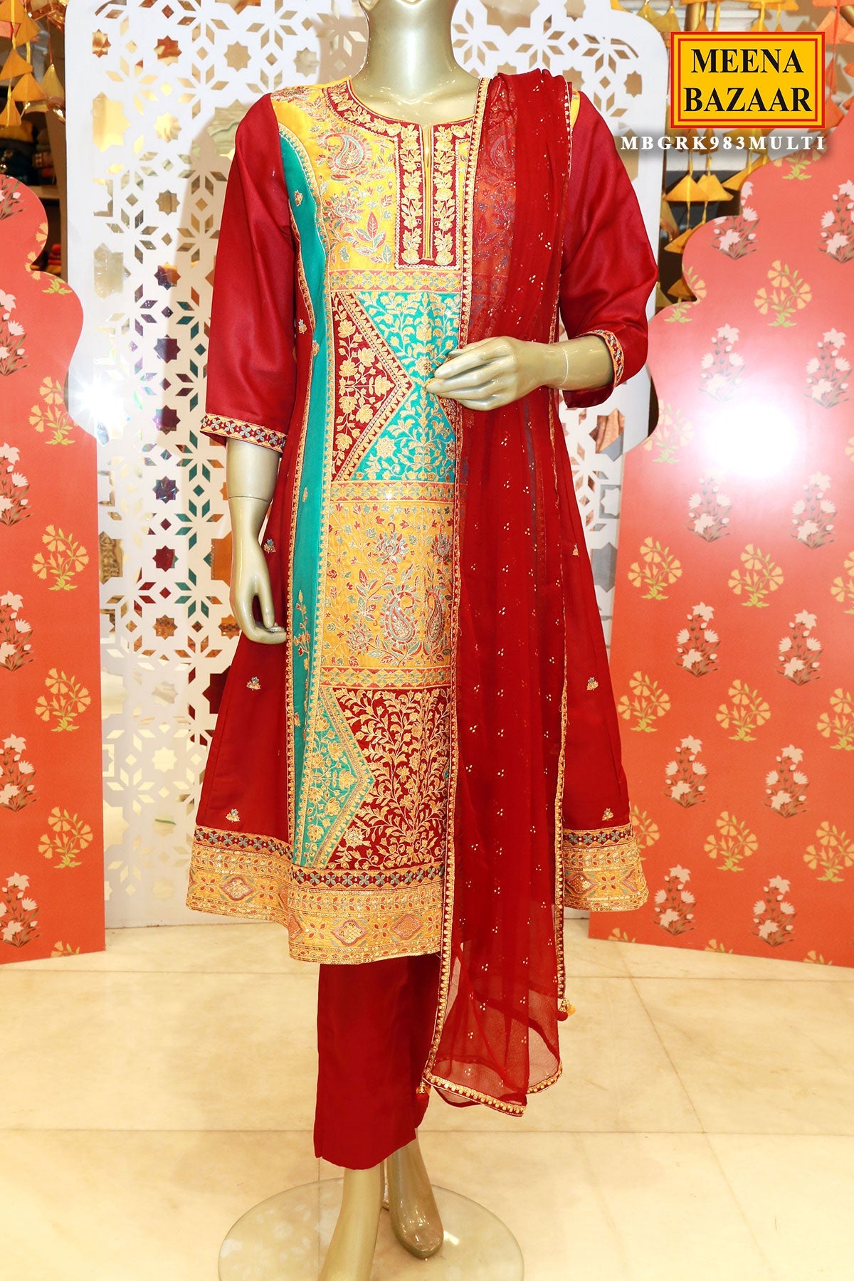 Multi-coloured Silk Zari, Sequin Embroidered Suit Sets