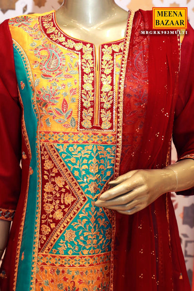 Multi-coloured Silk Zari, Sequin Embroidered Suit Sets