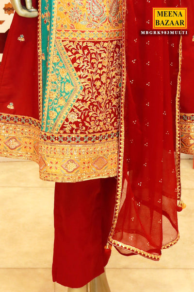 Multi-coloured Silk Zari, Sequin Embroidered Suit Sets