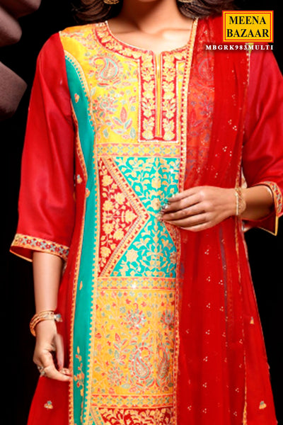 Multi-coloured Silk  Embroidered Suit Set