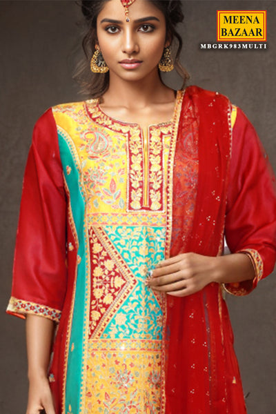Multi-coloured Silk  Embroidered Suit Set