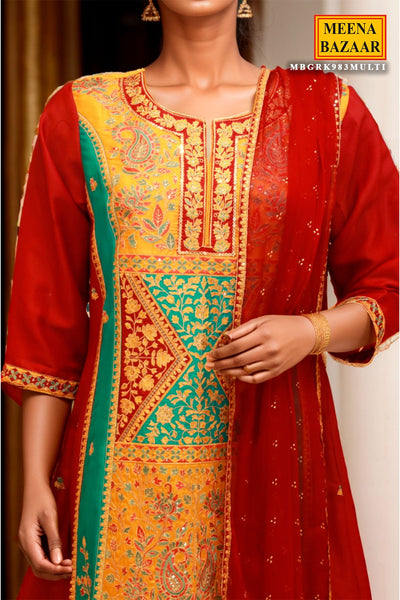 Multi-coloured Silk Zari, Sequin Embroidered Suit Sets