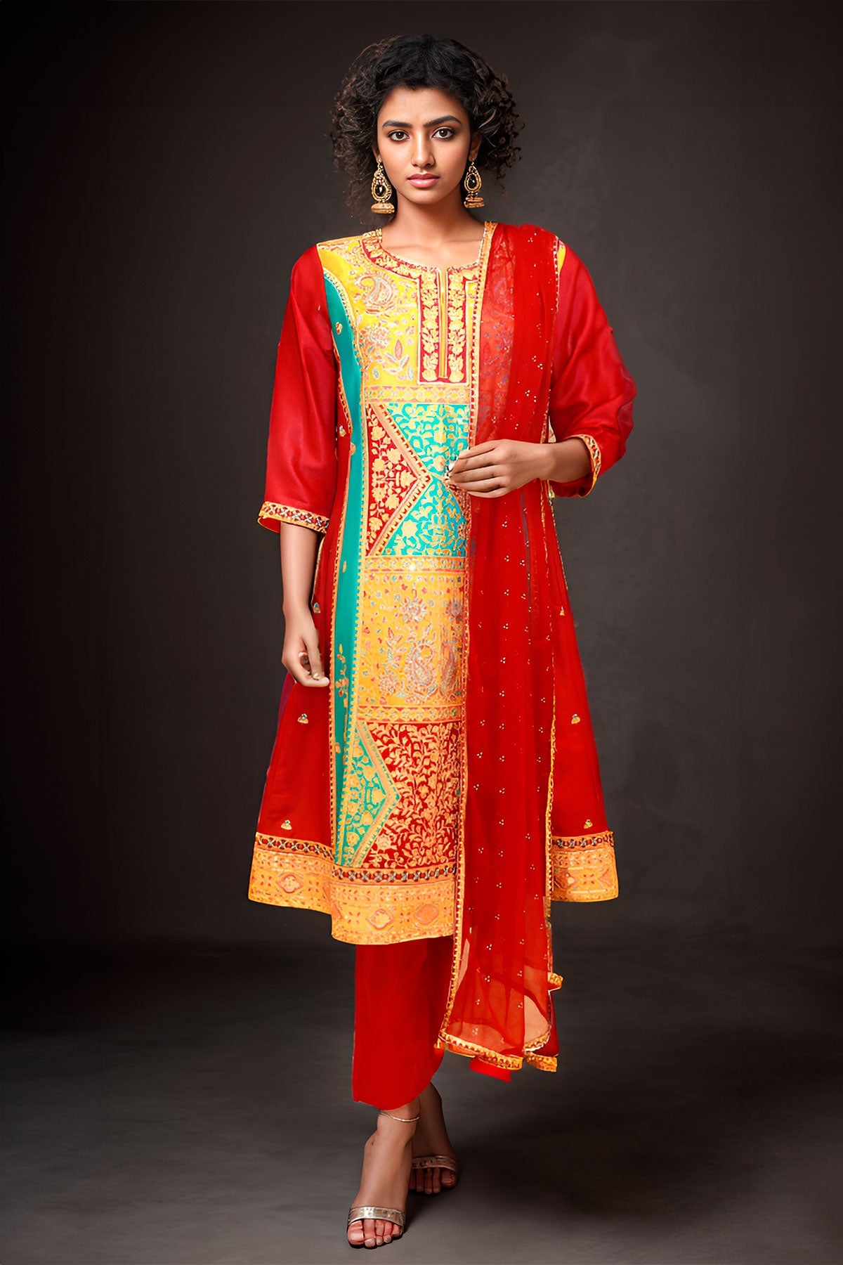 Multi-coloured Silk Zari, Sequin Embroidered Suit Sets