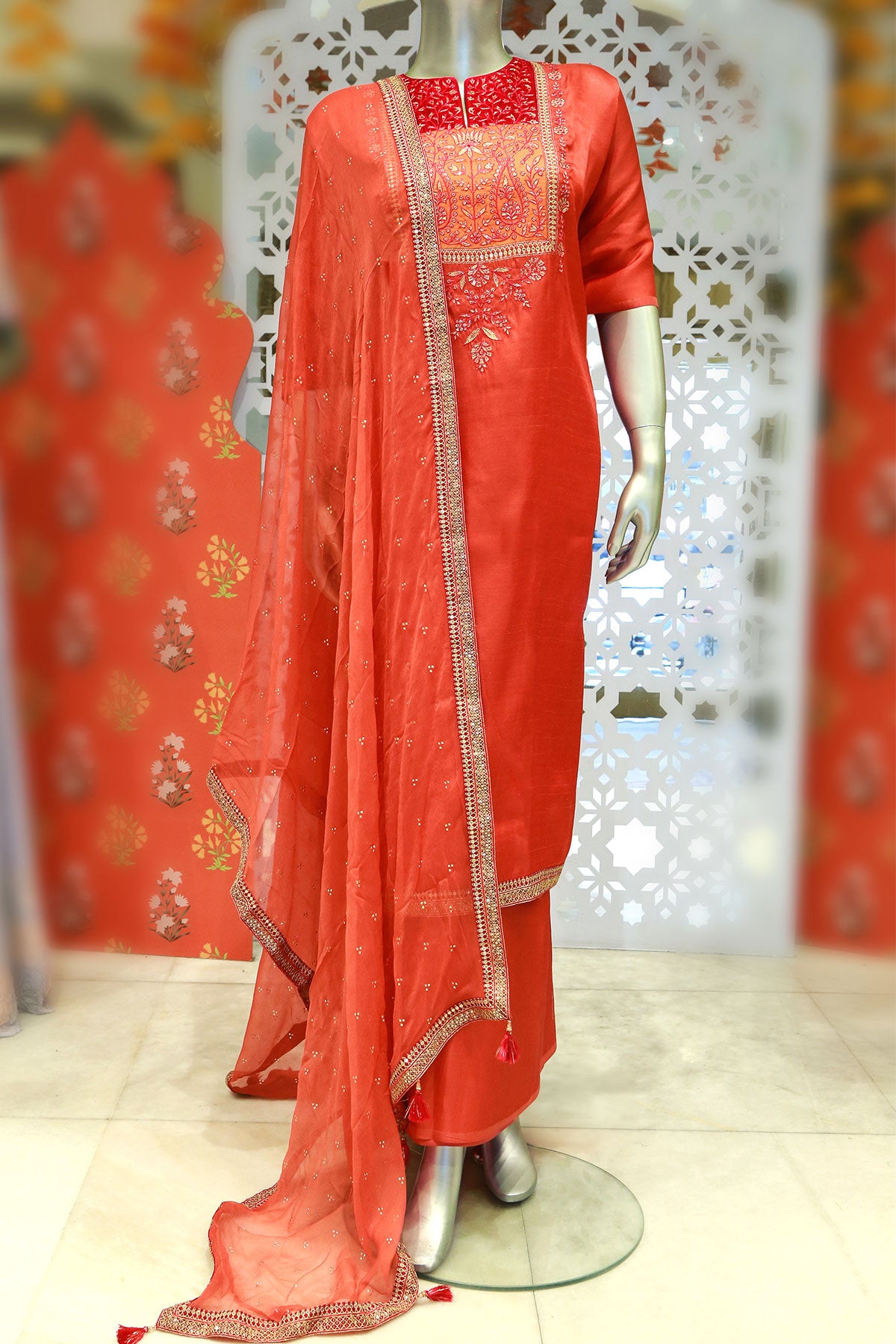 Gajari Silk Sequin, Zari Embroidered Suit Set