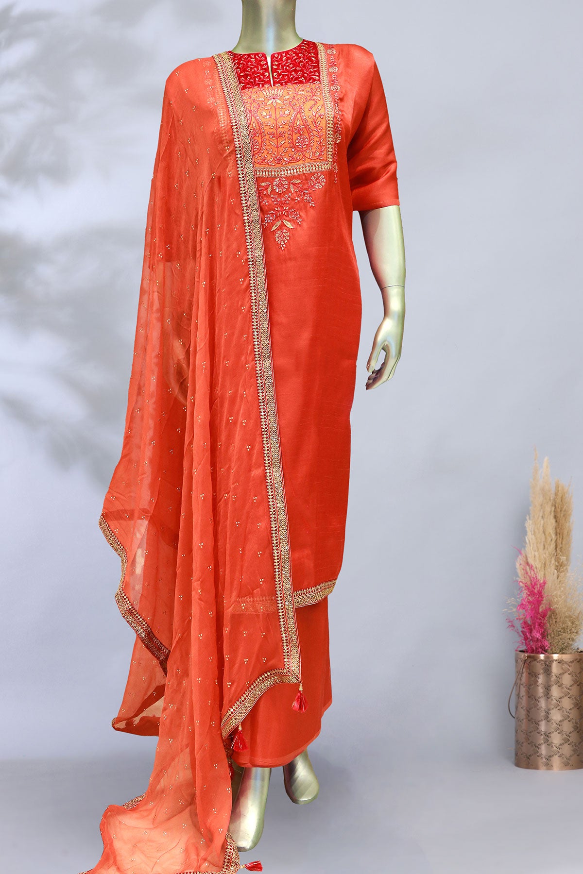 Gajari Silk Sequin, Zari Embroidered Suit Set