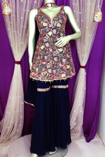 Navy Georgette Threadwork and Sequins Embroidered 3-piece Gharara Suit Set