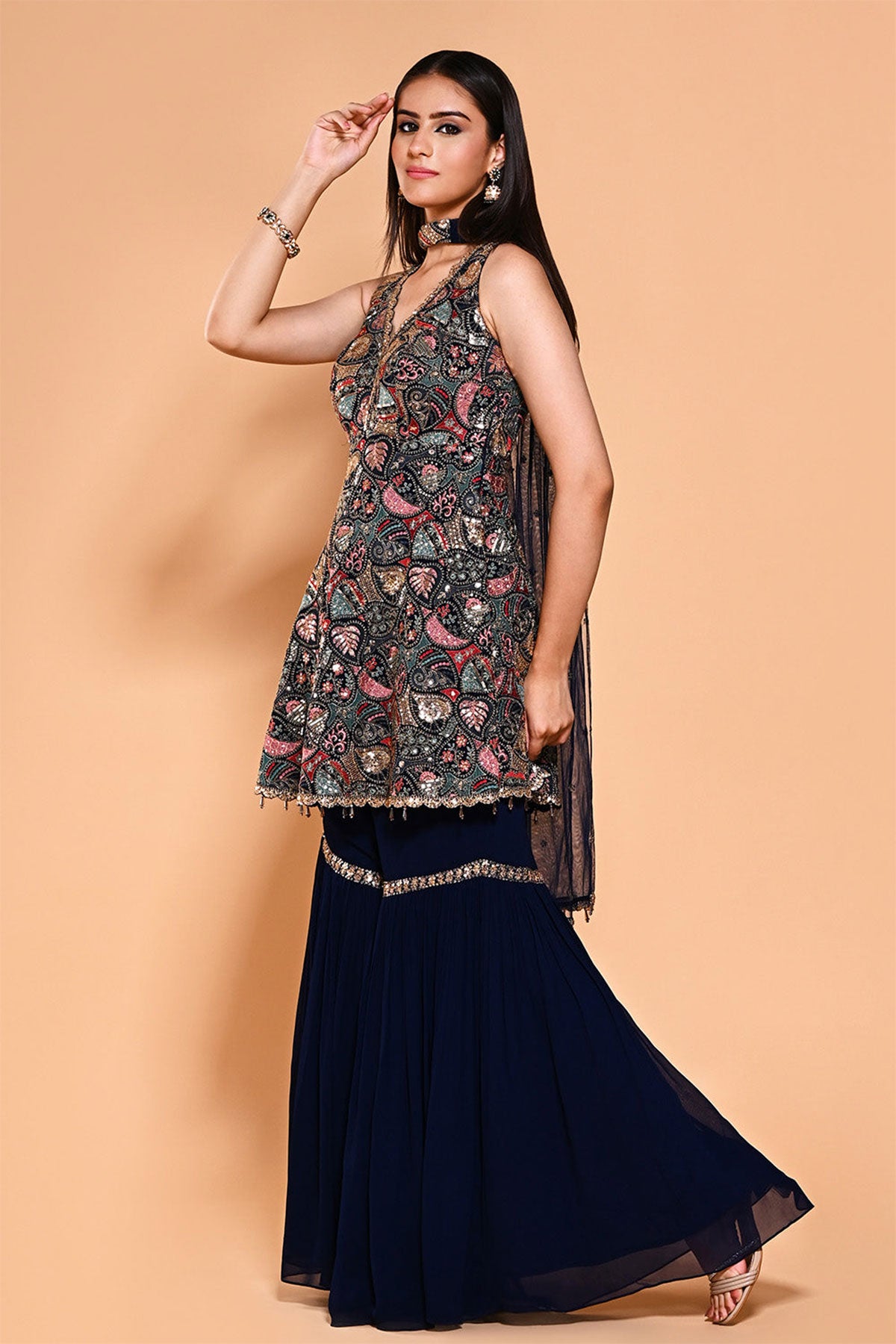 Navy Georgette Threadwork and Sequins Embroidered 3-piece Gharara Suit Set