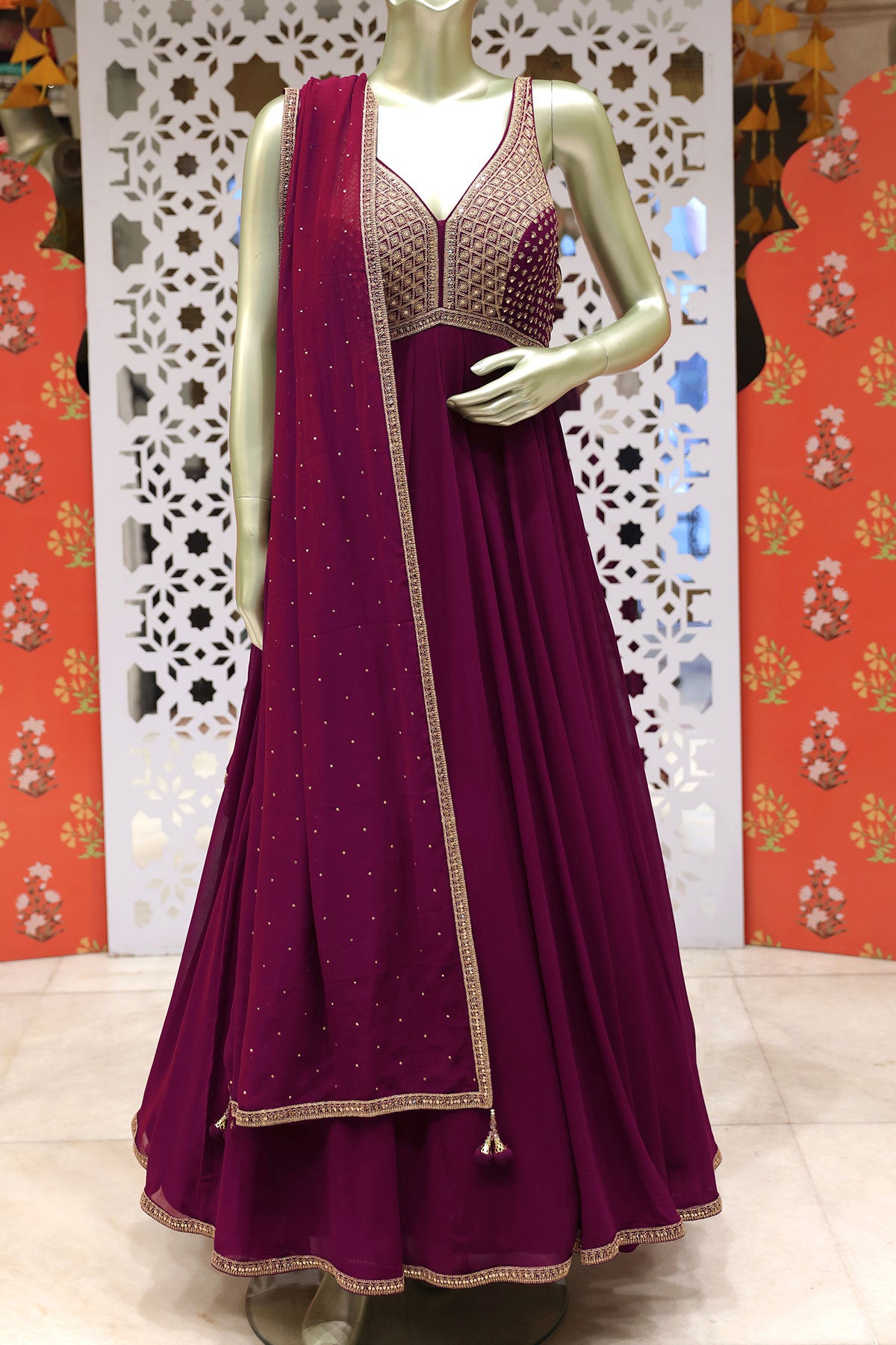 Wine Embroidered Georgette Anarkali Suit