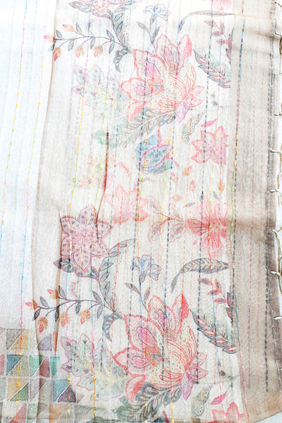 Cream Linen Floral Printed Weaving Saree