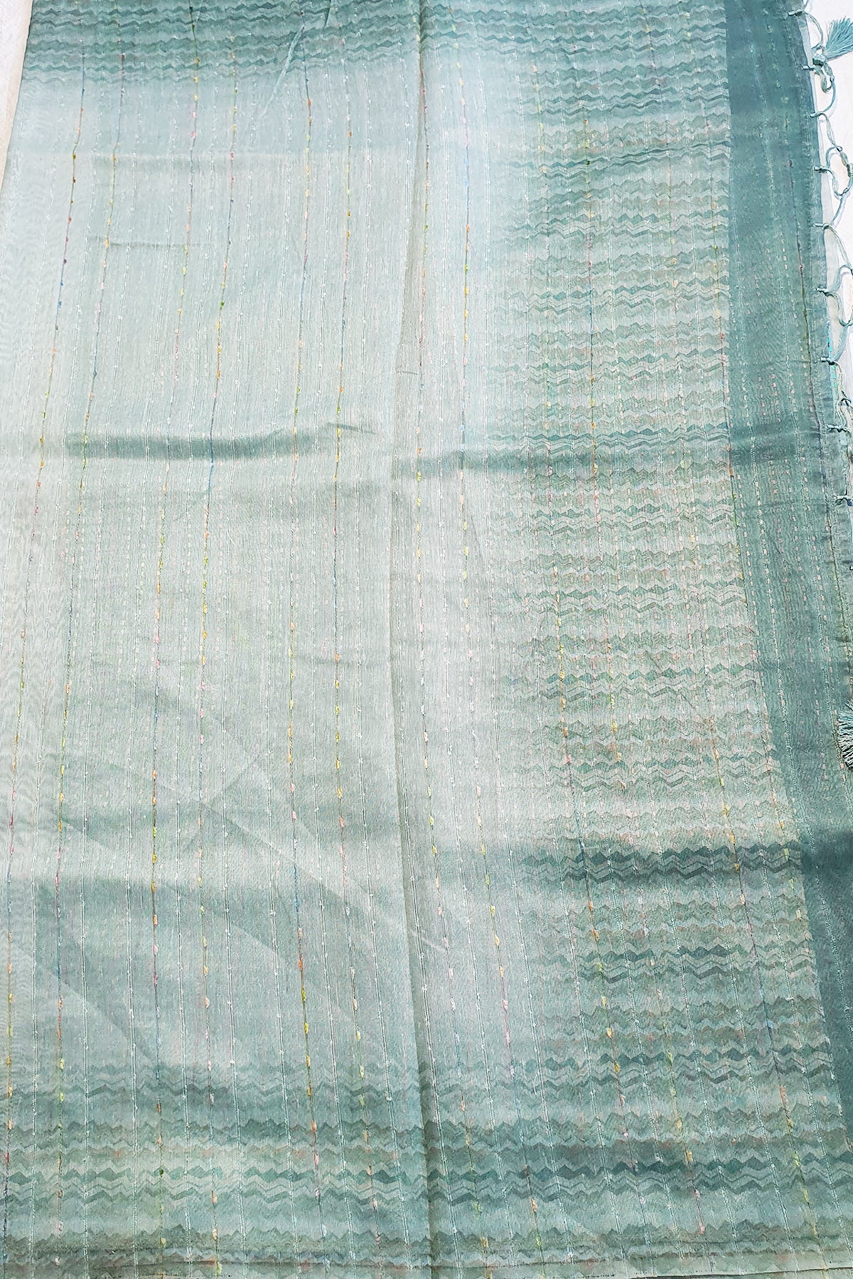 Sea Green Linen Floral Printed Weaving Saree