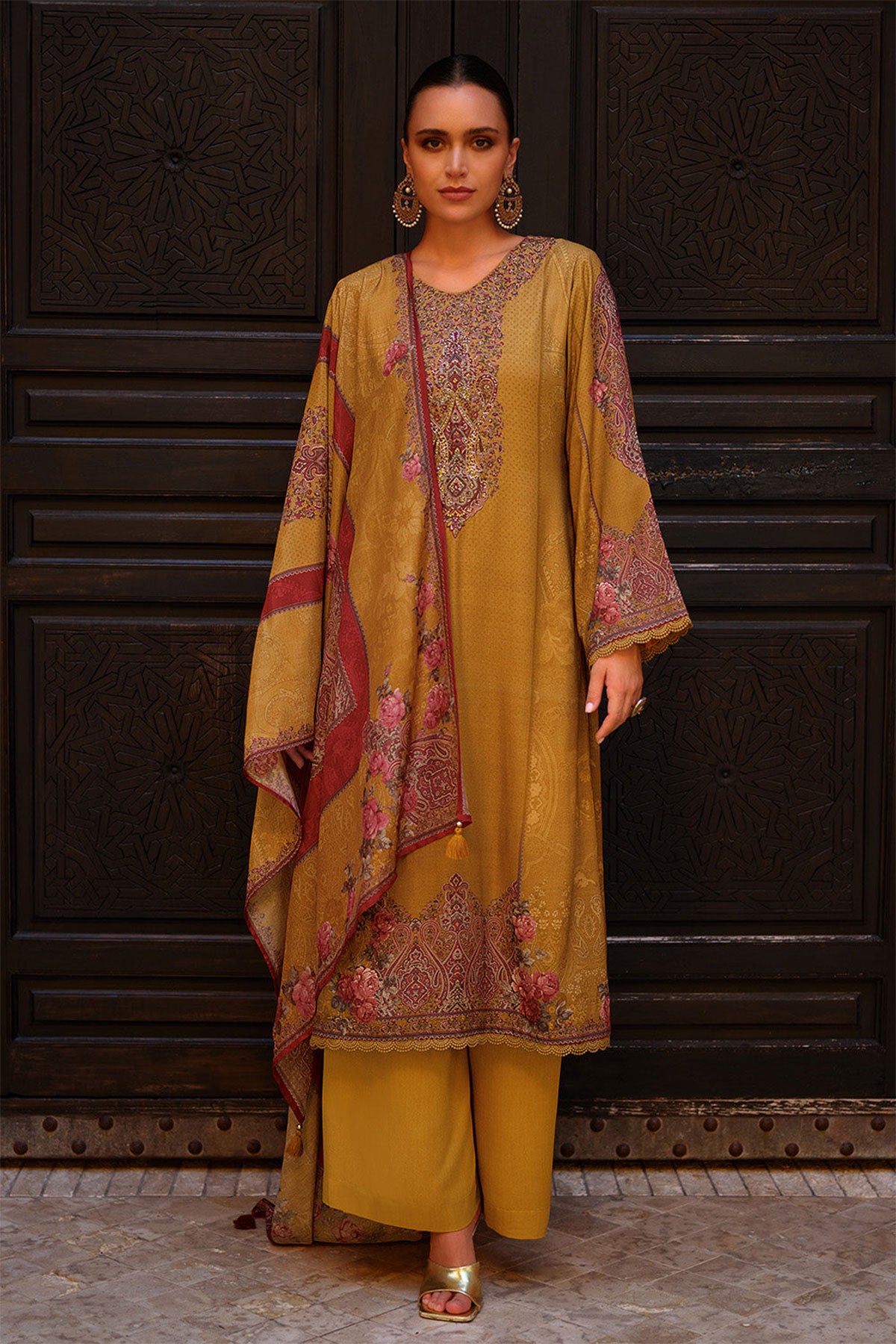 Mustard Viscose Muslin Printed Sequin Embroidered Suit Set