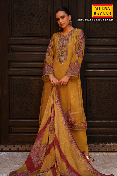 Mustard Viscose Muslin Printed Sequin Embroidered Suit Set