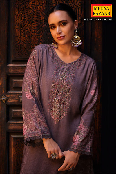 Wine Viscose Muslin Printed Sequin Embroidered Suit Set