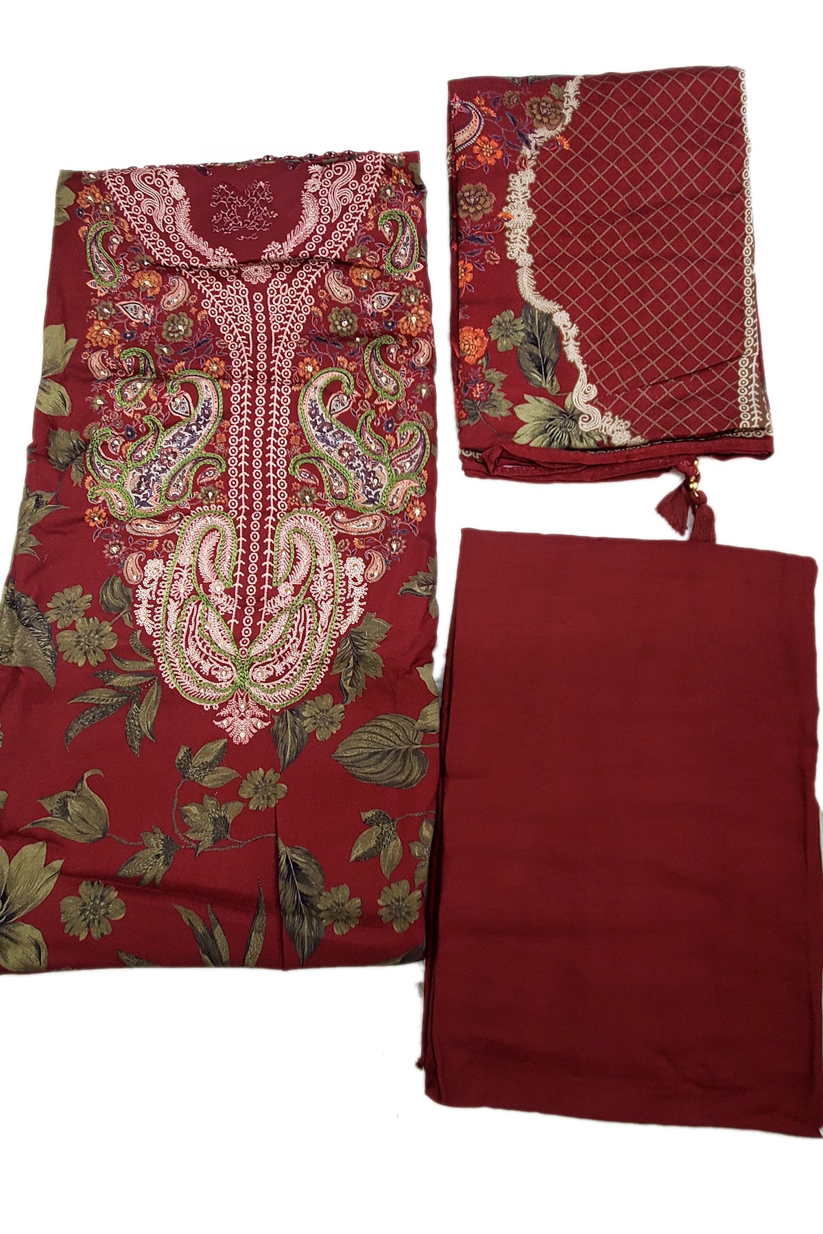 Maroon Pashmina Floral Printed Threadwork Embroidered Suit Set