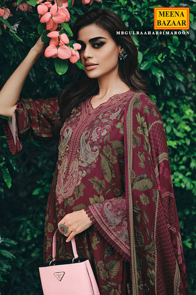 Maroon Pashmina Floral Printed Threadwork Embroidered Suit Set