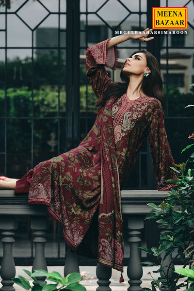 Maroon Pashmina Floral Printed Threadwork Embroidered Suit Set