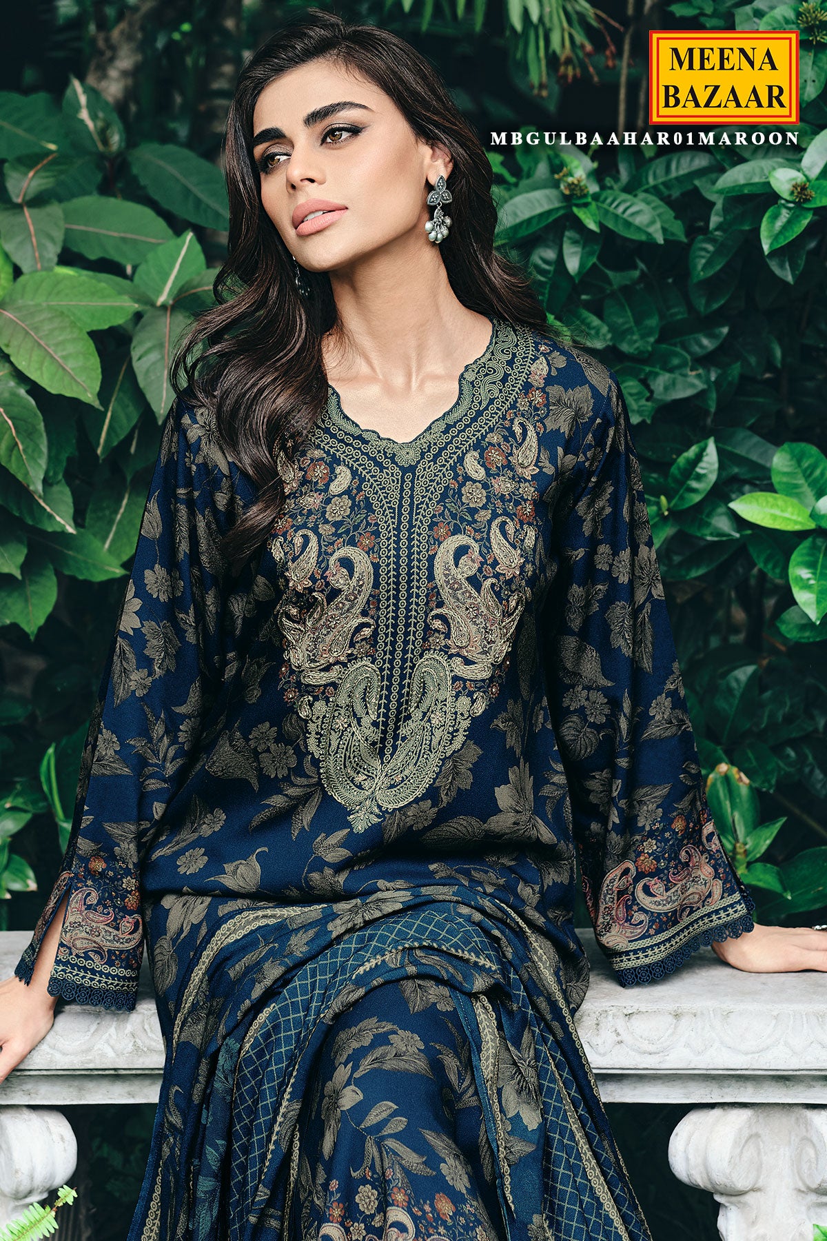 Navy Blue Pashmina Floral Printed Threadwork Embroidered Suit Set