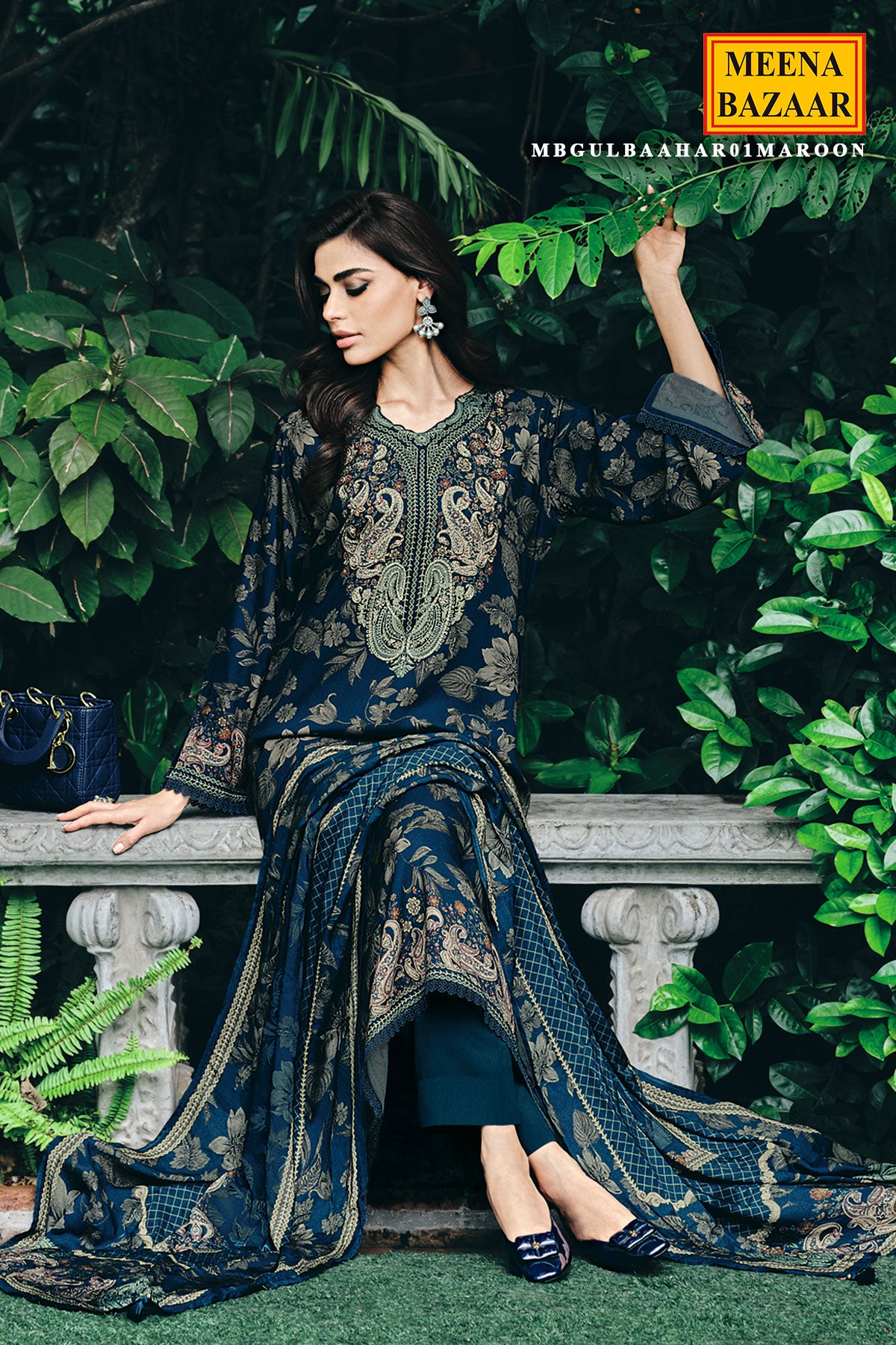 Navy Blue Pashmina Floral Printed Threadwork Embroidered Suit Set