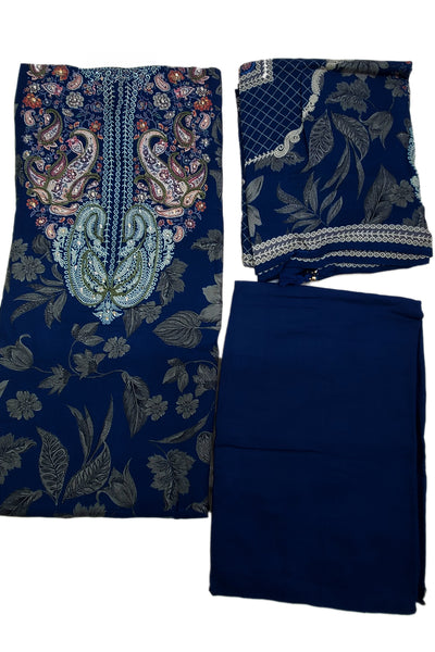 Navy Blue Pashmina Floral Printed Threadwork Embroidered Suit Set