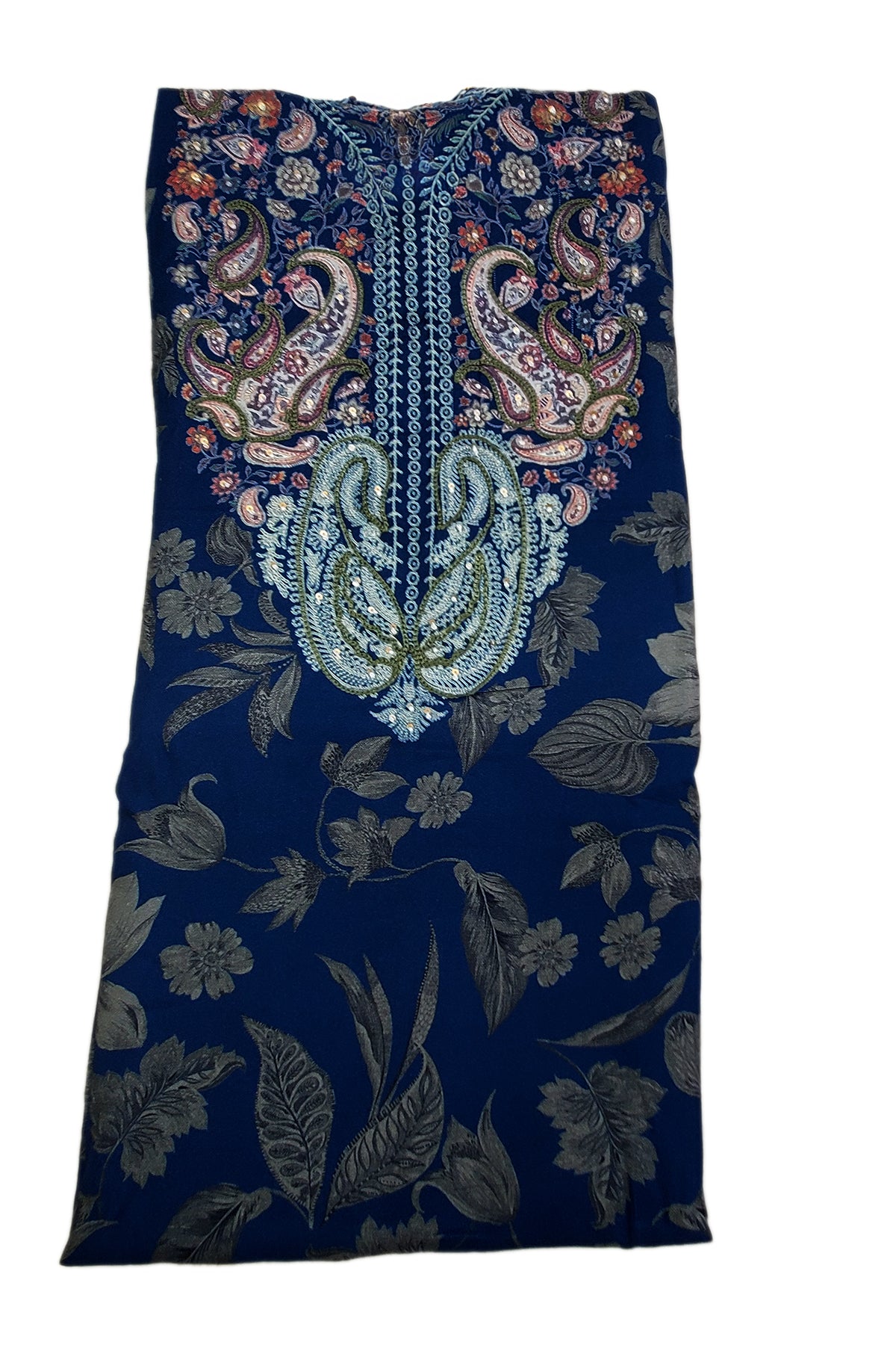 Navy Blue Pashmina Floral Printed Threadwork Embroidered Suit Set