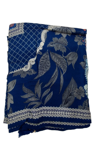 Navy Blue Pashmina Floral Printed Threadwork Embroidered Suit Set