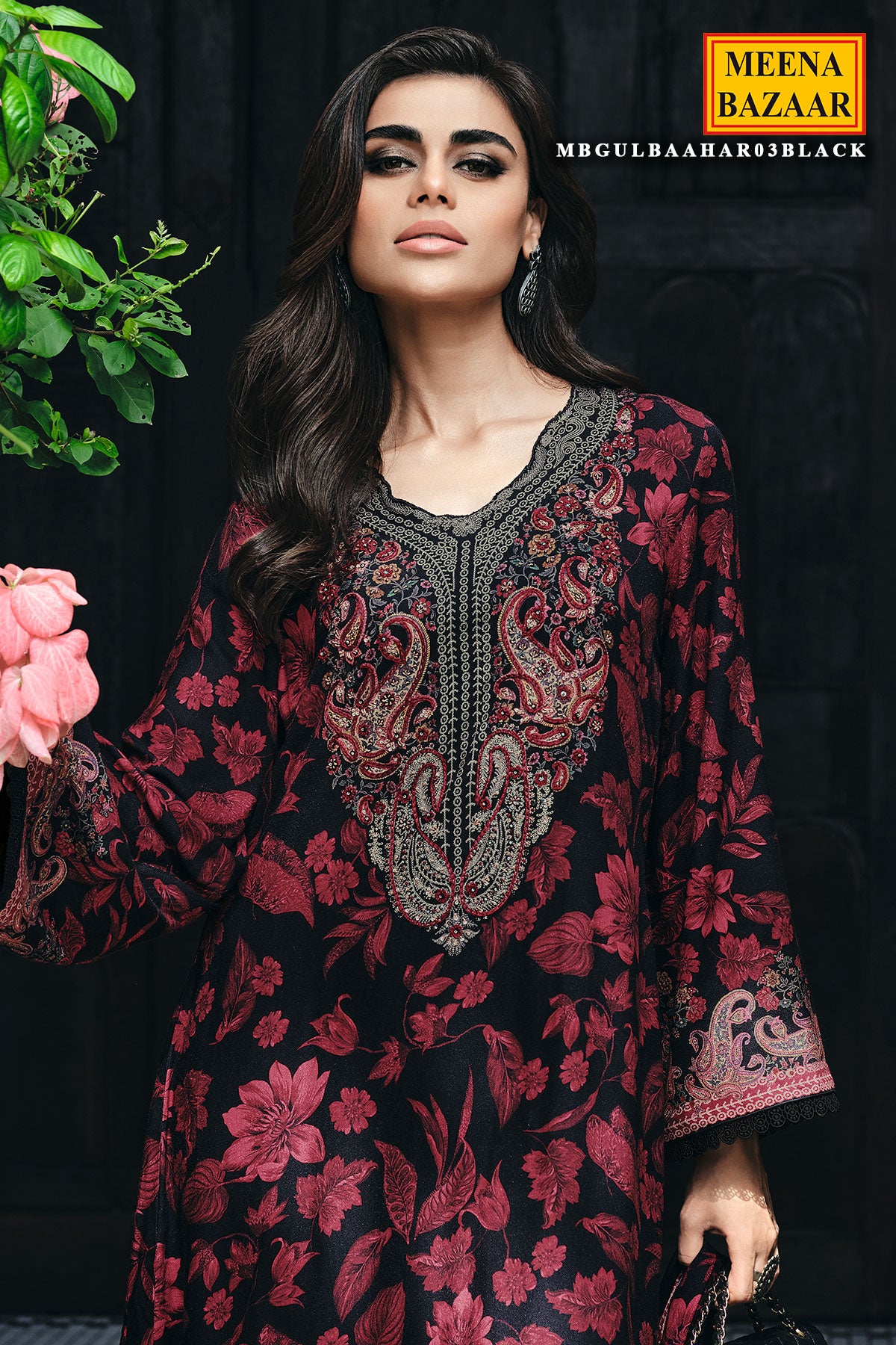 Black Pashmina Floral Printed Threadwork Embroidered Suit Set