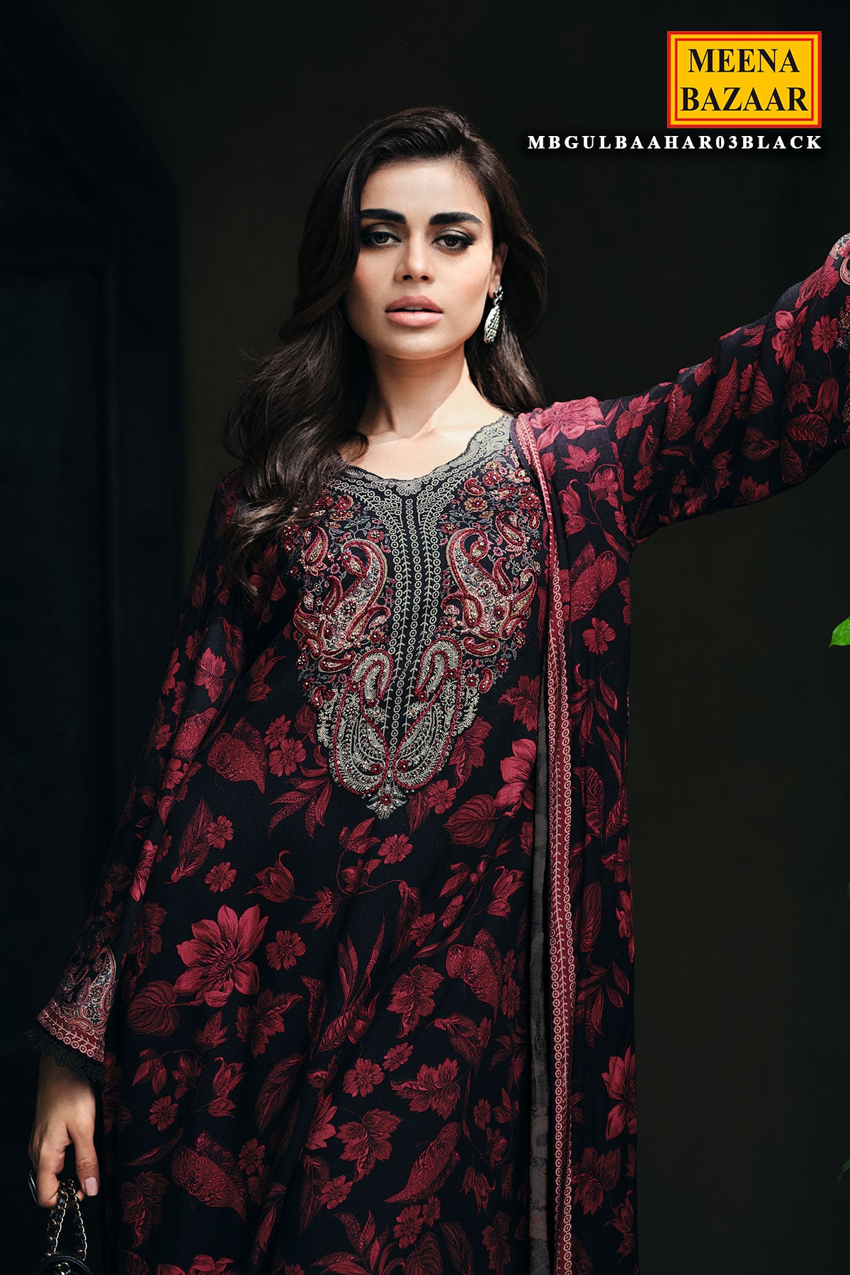 Black Pashmina Floral Printed Threadwork Embroidered Suit Set