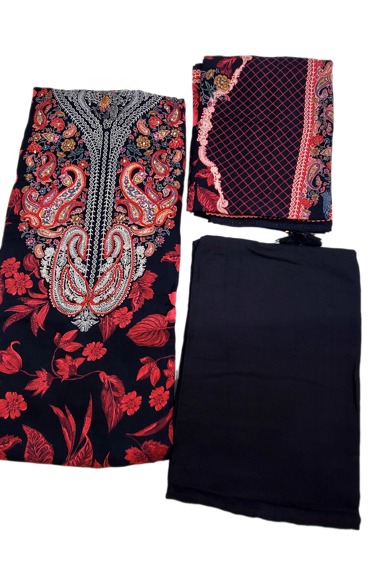 Black Pashmina Floral Printed Threadwork Embroidered Suit Set