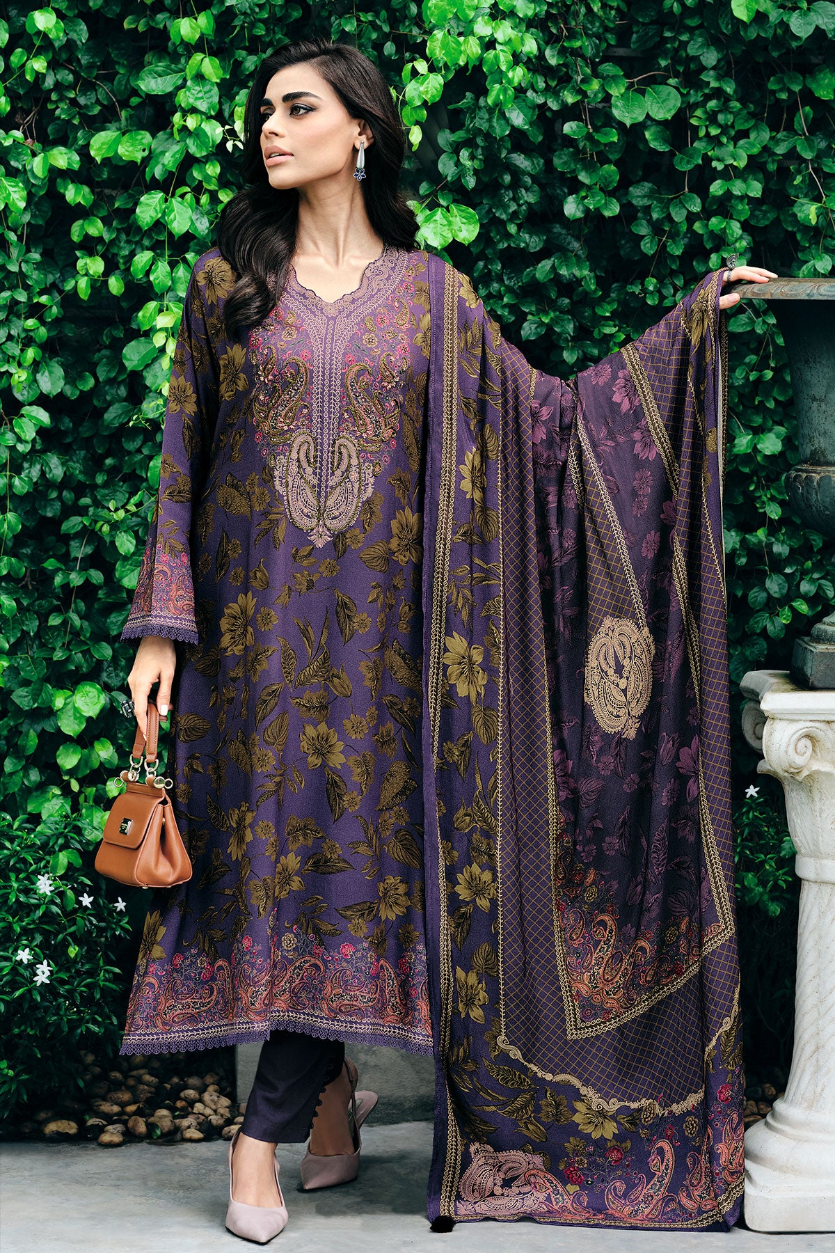 Mauve Pashmina Floral Printed Threadwork Embroidered Suit Set