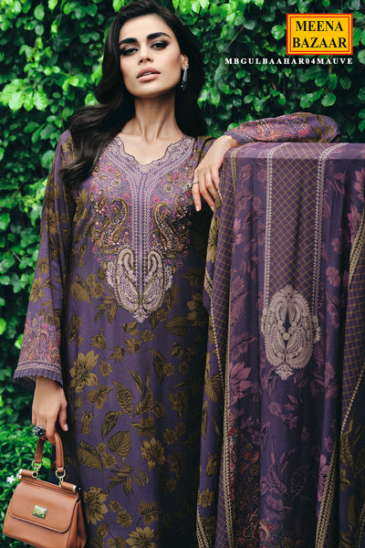 Mauve Pashmina Floral Printed Threadwork Embroidered Suit Set