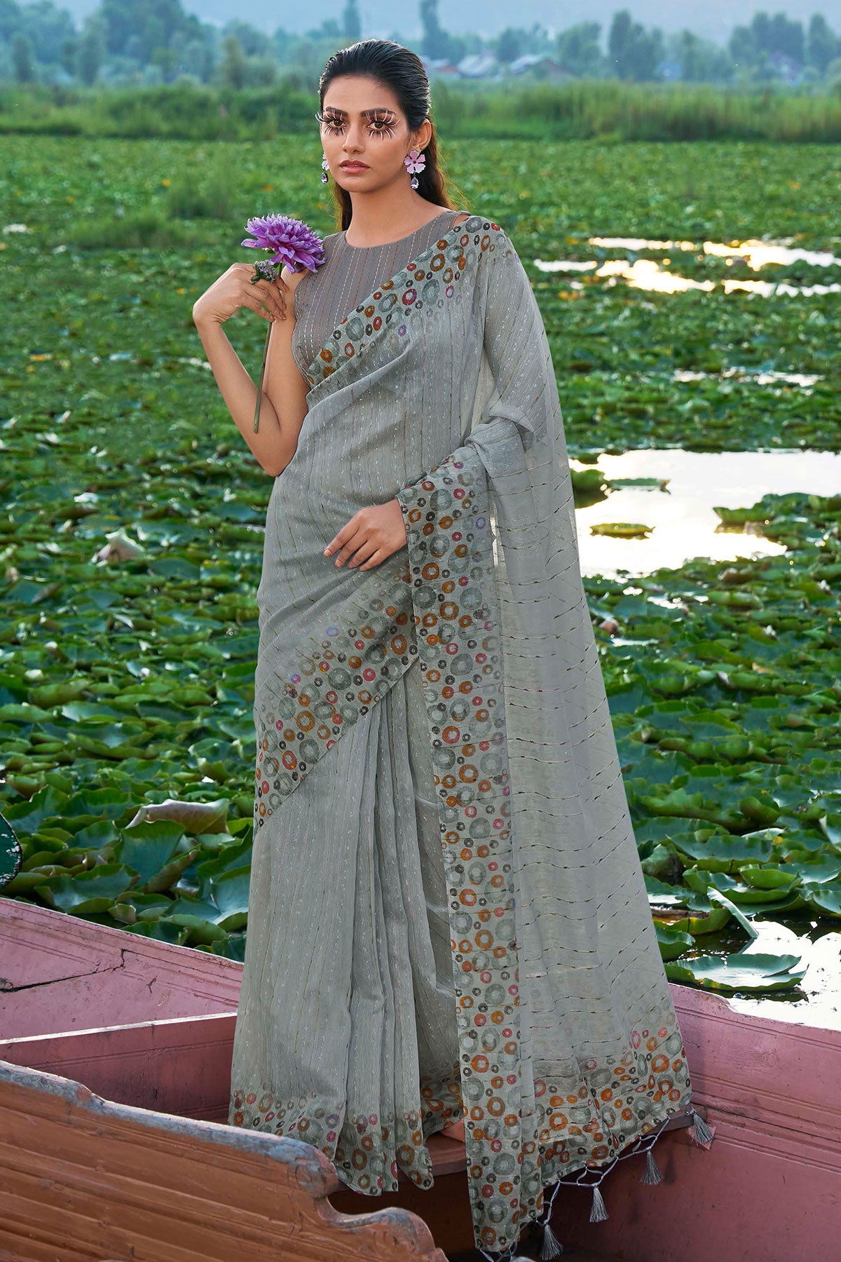 Grey Linen Floral Printed Weaving Saree