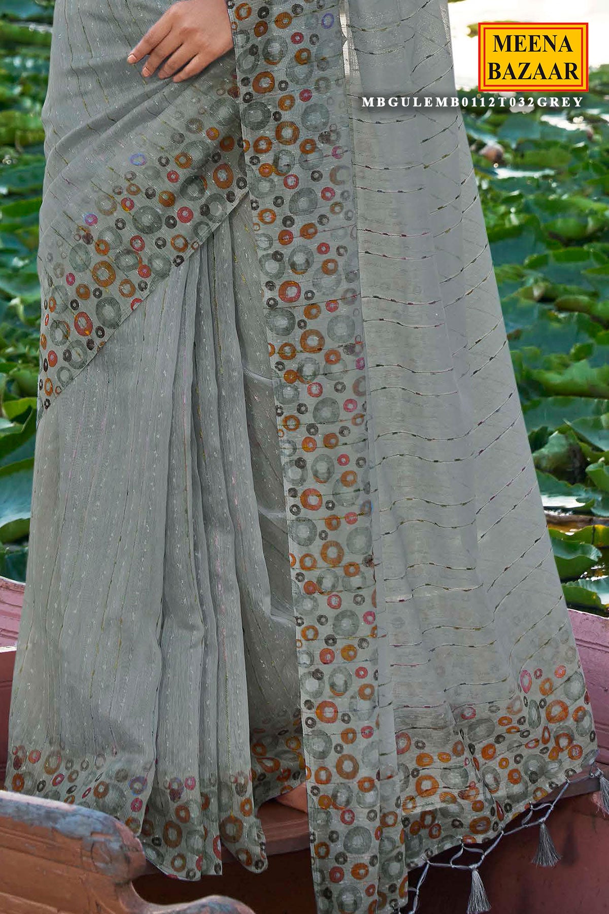 Grey Linen Floral Printed Weaving Saree