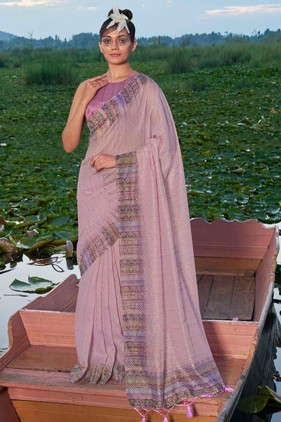 Mauve Linen Floral Printed Weaving Saree