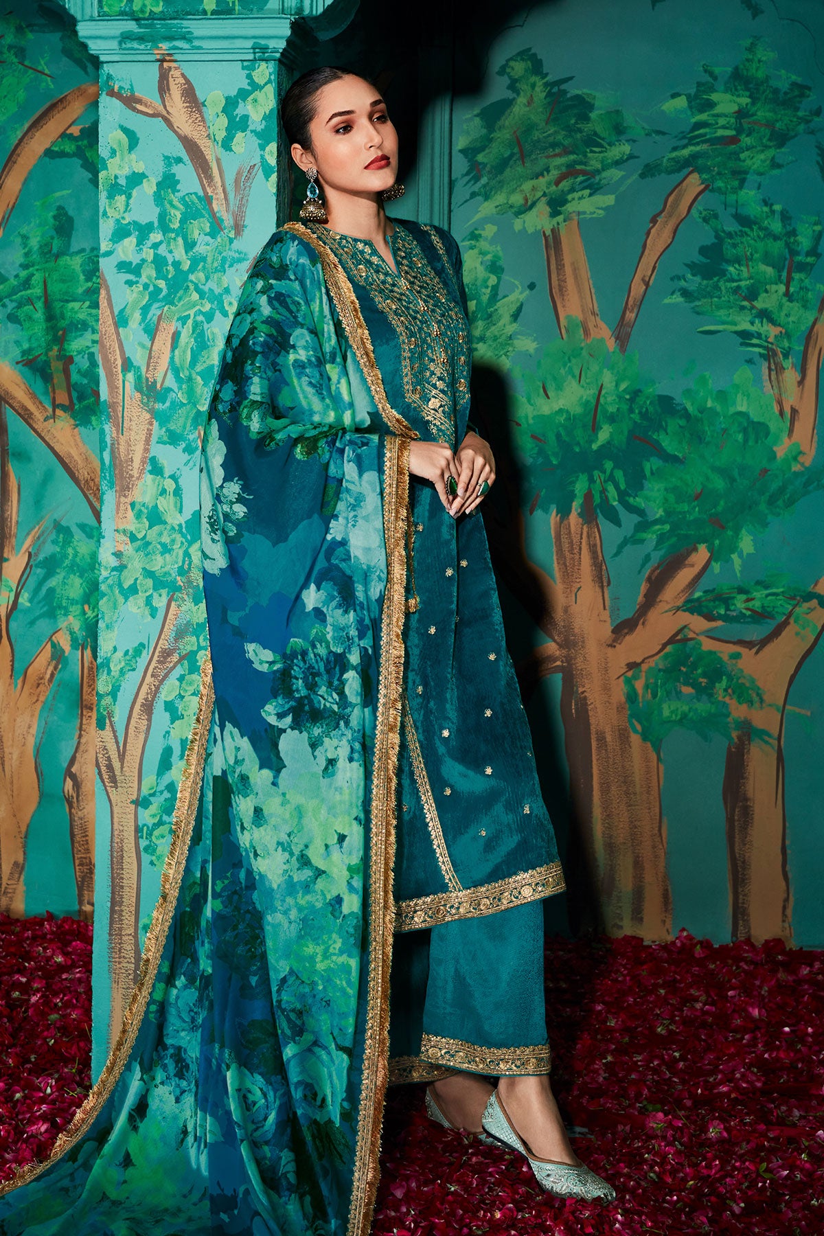 Blue Plush Velvet Foil Work Embroidered Suit