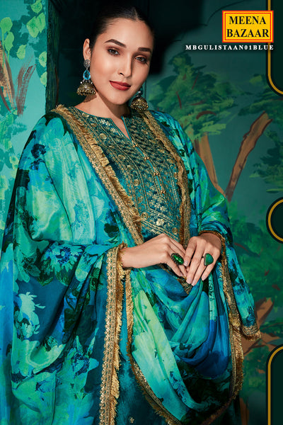 Blue Plush Velvet Foil Work Embroidered Suit