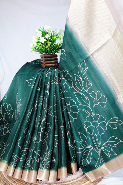 Bottle Green Cotton Weaving Saree Elegant Handloom Wear