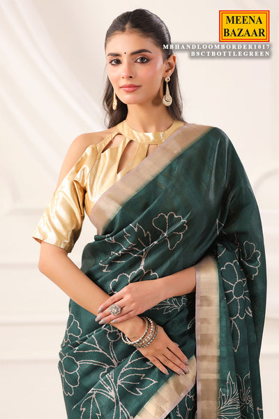 Bottle Green Cotton Weaving Saree Elegant Handloom Wear