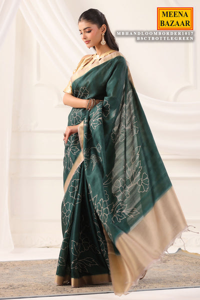 Bottle Green Cotton Weaving Saree Elegant Handloom Wear