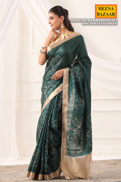 Bottle Green Cotton Weaving Saree Elegant Handloom Wear